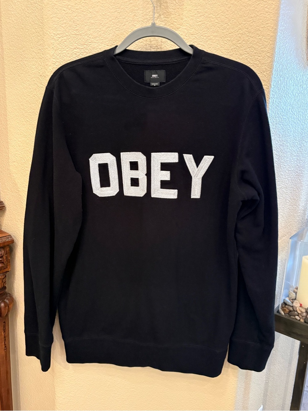 Obey Black Crewneck Sweatshirt with White Logo Size Medium